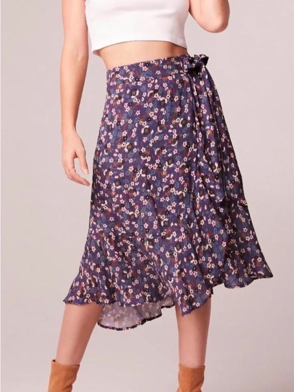 Floral Tie-Waist Midi Skirt in Purple S